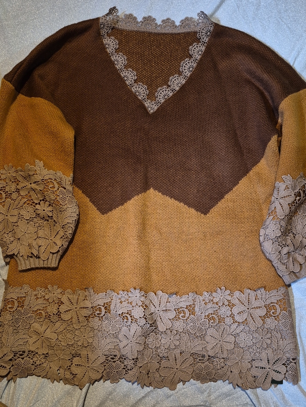 Brown and Tan Lace-Trim V-Neck Women's Sweater
